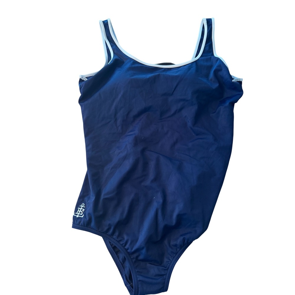 Lands End Navy Blue One Piece Swimsuit 18 Anchor Logo Beach Preppy White Trim